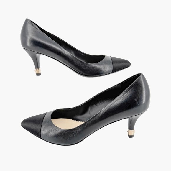 Chanel Cap Toe CC Kitten Pumps EU 38.5 US 7.5-8 Black Leather Pointed Low Heel - Picture 9 of 15